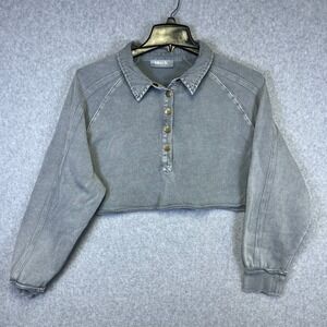 Blue B Blouse Women's M Gray Button Down Long Sleeve Cropped Henley Casual Top‎